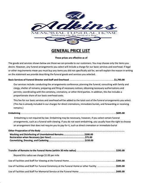 Funeral Home General Price List